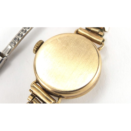 2787 - Ladies 9ct gold Golay wristwatch with gilt metal strap, 1.8cm in diameter