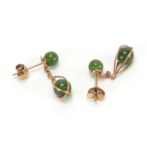 2701 - Pair of unmarked gold jade drop earrings, 2.6cm in length, approximate weight 1.8g