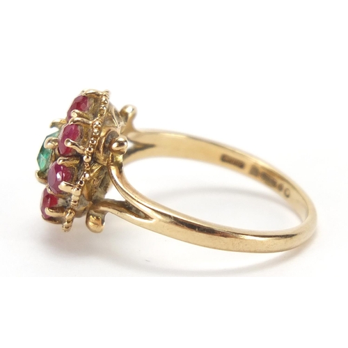 2794 - 9ct gold ruby and green stone ring, size M, approximate weight 3.5g