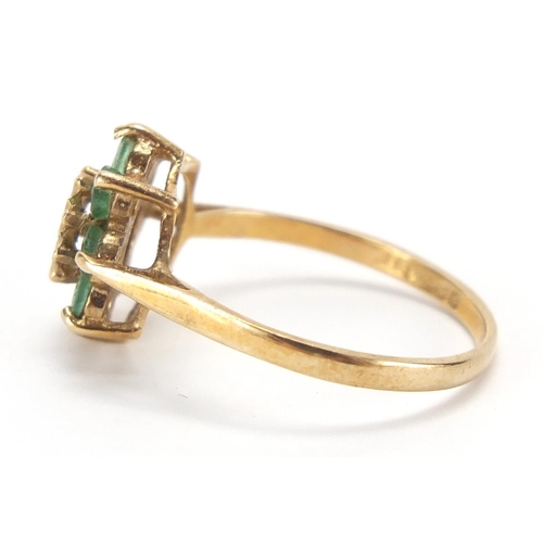 2692 - 9ct gold emerald and diamond flower head ring, size P, approximate weight 2.0g