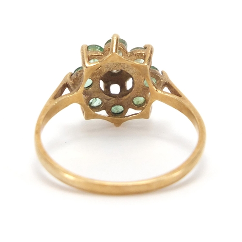 2692 - 9ct gold emerald and diamond flower head ring, size P, approximate weight 2.0g