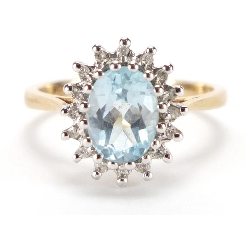 2699 - 9ct gold aquamarine and diamond ring, size J, approximate weight 2.8g