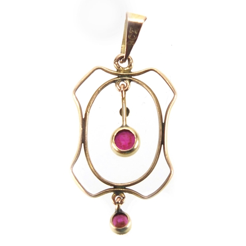 2700 - Art Nouveau 9ct gold garnet pendant, 3.5cm in length, approximate weight 1.2g