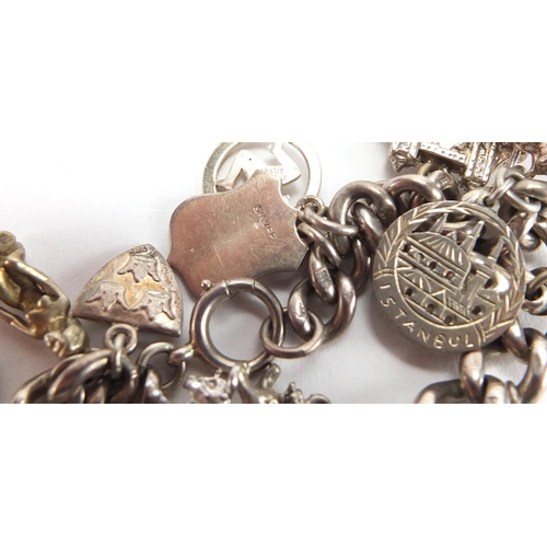 2724 - Silver charm bracelet with a selection of  charms, approximate weight 65.0g