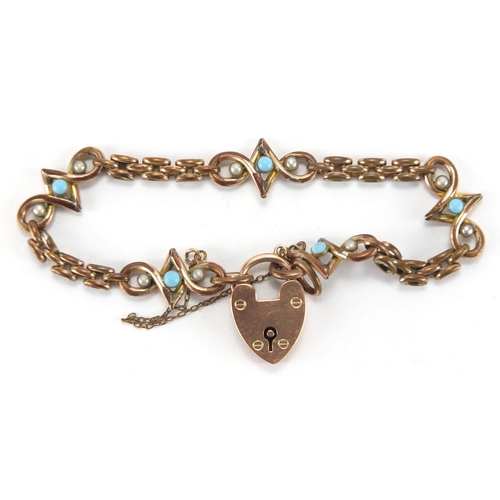 2804 - Victorian gilt metal seed pearl and turquoise bracelet with 9ct gold love heart padlock