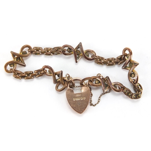 2804 - Victorian gilt metal seed pearl and turquoise bracelet with 9ct gold love heart padlock