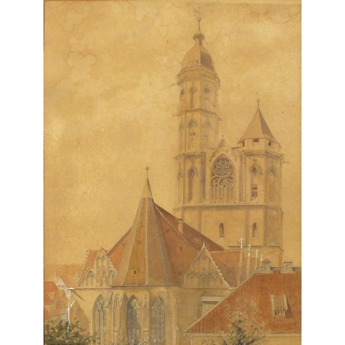 1300 - Portrait of a cathedral, 19th century heightened pencil and watercolour, mounted and framed, 34.5cm ... 