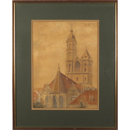 1300 - Portrait of a cathedral, 19th century heightened pencil and watercolour, mounted and framed, 34.5cm ... 