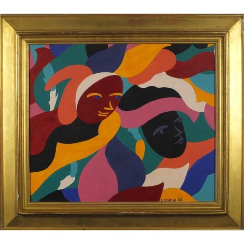 1349 - Abstract composition, surreal faces, gouache, bearing a signature Lapigue, framed, 42cm x 35cm