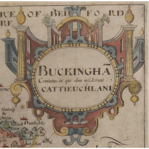 166 - 17th century map of Buckinghamshire by Saxton & Hole, hand coloured, mounted and framed, 30cm x 29cm