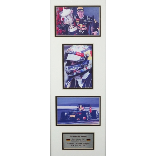 2243 - Sebastian Vettel 3D framed display, part of wing and sign together with another display, the largest... 