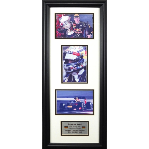 2243 - Sebastian Vettel 3D framed display, part of wing and sign together with another display, the largest... 