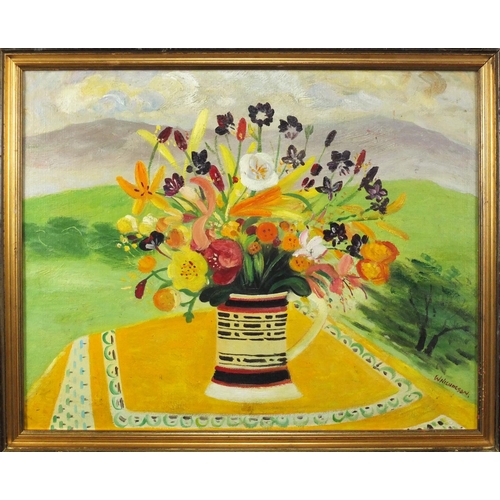 2345 - Still life flowers in a vase, oil on board, bearing a signature W Nicholson, framed, 49.5cm x 39.5cm