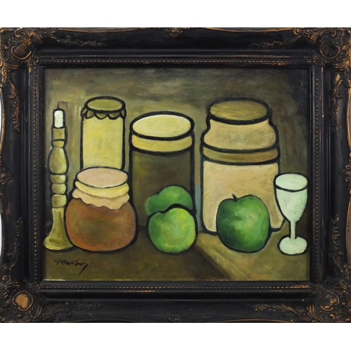 2294 - Still life fruit and vessels, Irish school oil on board, bearing a signature possibly Marly, framed,... 