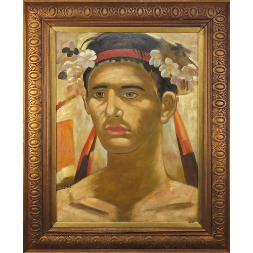 2151 - After Duncan Grant - Portrait of a man with flowers in his bandana, mounted and framed, 59cm x 42.5c... 