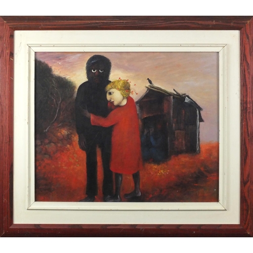 2216 - Manner of Sidney Nolan - Surreal study of two figures, Australian school oil on board, inscribed ver... 