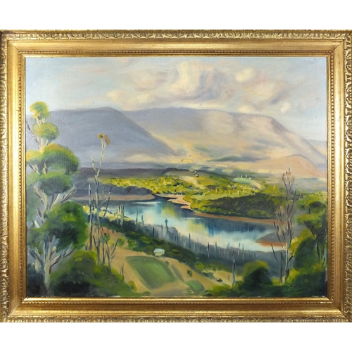 2217 - African mountain landscape with river in the foreground, bearing an indistinct signature possibly Ga... 