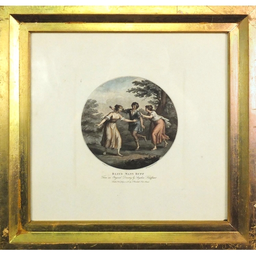 1366 - After Angelica Kauffman - Blind Mans Buff, late 18th century engraving in colour, framed, 22cm x 19.... 