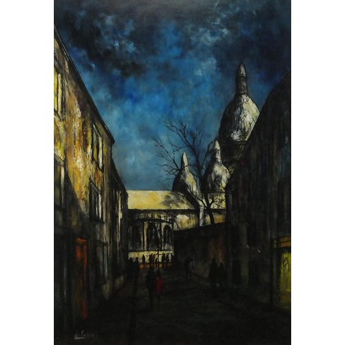 2154 - Paris street scene at night, oil on board, bearing an indistinct signature possibly De Cachard and i... 