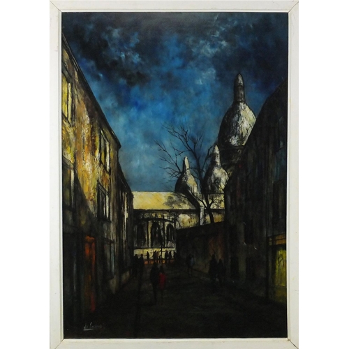 2154 - Paris street scene at night, oil on board, bearing an indistinct signature possibly De Cachard and i... 