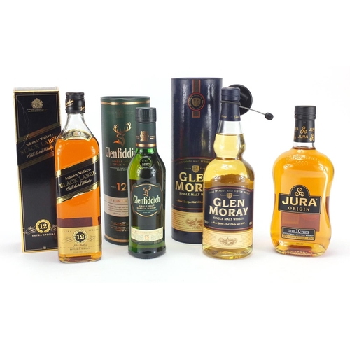 2198 - Four bottles of whisky, three with boxes, Jura Origin, Glen Moray, Glenfiddich and Johnnie Walker Bl... 