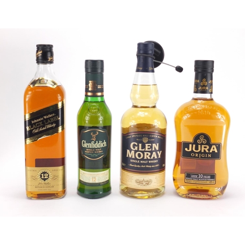 2198 - Four bottles of whisky, three with boxes, Jura Origin, Glen Moray, Glenfiddich and Johnnie Walker Bl... 