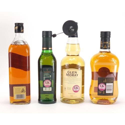 2198 - Four bottles of whisky, three with boxes, Jura Origin, Glen Moray, Glenfiddich and Johnnie Walker Bl... 