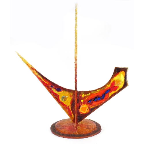 2102 - Large modernist Perspex sculpture of a ship, with circular stepped base, 74cm H x 66cm W