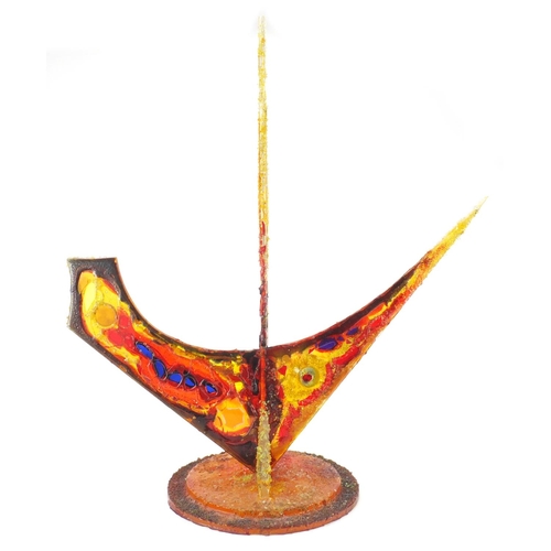 2102 - Large modernist Perspex sculpture of a ship, with circular stepped base, 74cm H x 66cm W