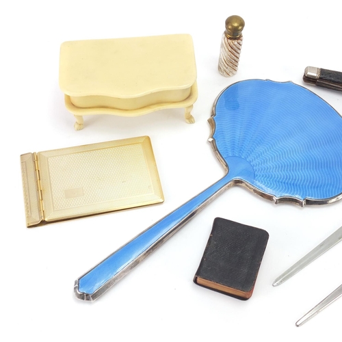 2500 - Miscellaneous objects including a silver and blue guilloche enamel hand mirror, glass scent bottle, ... 