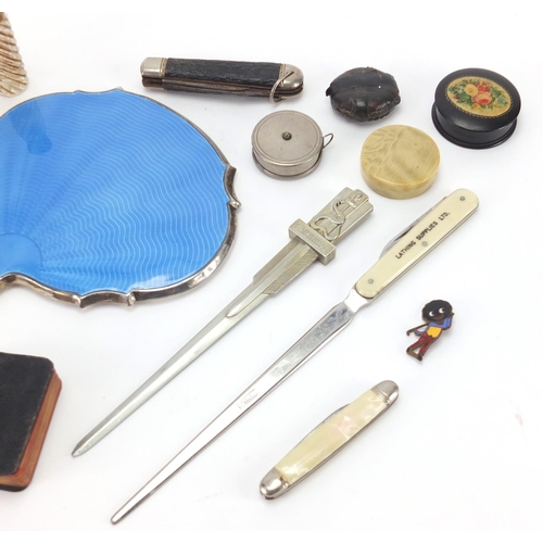 2500 - Miscellaneous objects including a silver and blue guilloche enamel hand mirror, glass scent bottle, ... 