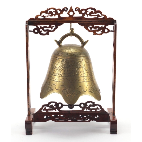 2170 - Chinese bronze bell engraved with mythical animals, housed in a hard wood hanging frame, overall 33c... 