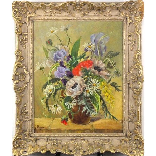 2296 - Jennie Bayman - Still life flowers in a vase, oil on canvas, inscribed verso, mounted and framed, 50... 