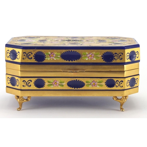 2186 - Murano blue glass casket with canted corners, hand painted and gilded with flowers, 11cm H x 23cm W ... 