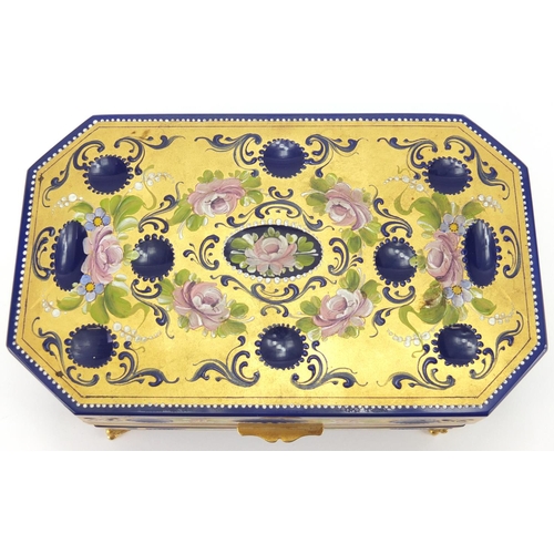 2186 - Murano blue glass casket with canted corners, hand painted and gilded with flowers, 11cm H x 23cm W ... 