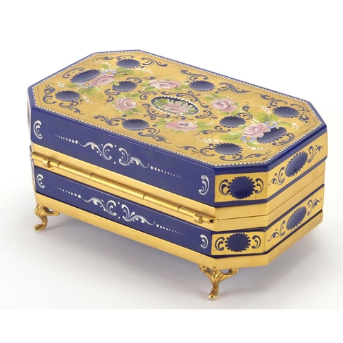 2186 - Murano blue glass casket with canted corners, hand painted and gilded with flowers, 11cm H x 23cm W ... 