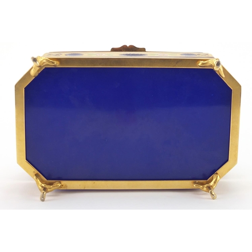 2186 - Murano blue glass casket with canted corners, hand painted and gilded with flowers, 11cm H x 23cm W ... 