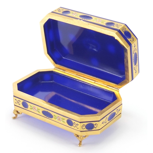 2186 - Murano blue glass casket with canted corners, hand painted and gilded with flowers, 11cm H x 23cm W ... 