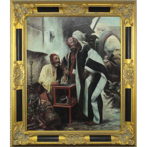 2218 - North African street sellers, oil on canvas, bearing a signature E Lawson, framed, 60cm x 50cm