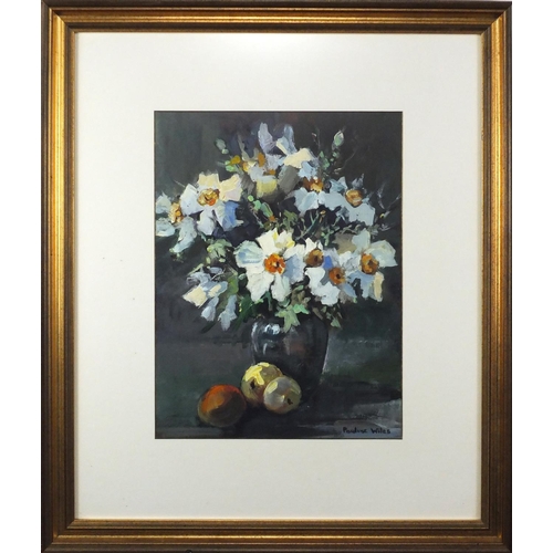 2220A - Pauline Wiles - Still life flowers and fruit, oil, mounted and framed, 39cm x 29.5cm