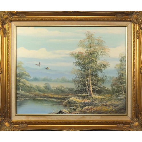 2357 - Laszlo Ritter - Ducks in flight over water, before mountains, oil on canvas, Tregony Arts label vers... 