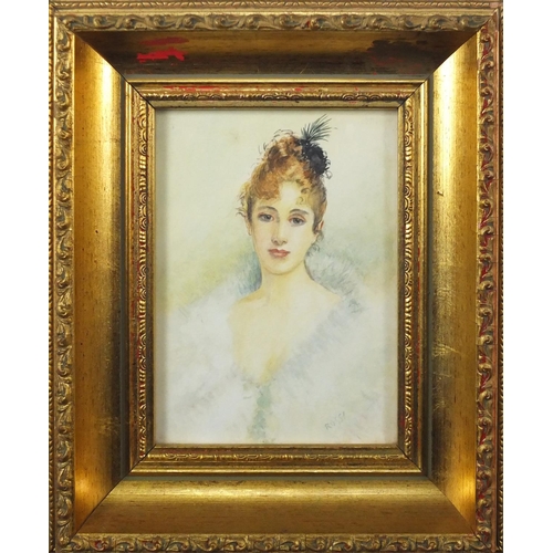 2286 - Portrait of a female, early 20th century watercolour, bearing a signature Rossi, framed, 18cm x 13cm