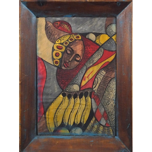 2349 - Abstract composition, surreal portrait with fish motifs, mixed media, framed, 29.5cm x 20.5cm