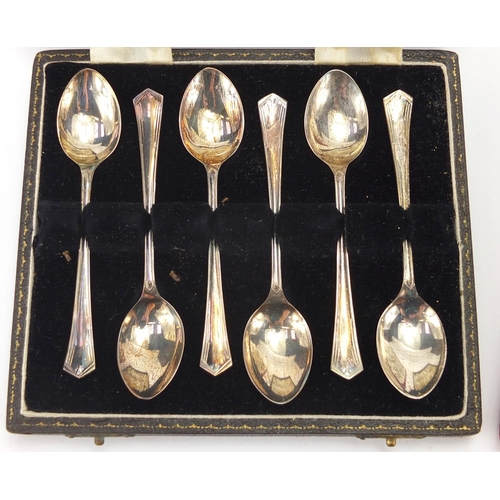 2543 - Silver spoons including two cased sets of six teaspoons and two Georgian mustard spoons, various hal... 