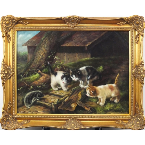 2355 - Portrait of three kittens and a hedgehog, oil on board, bearing a signature Leyton, framed, 39cm x 2... 