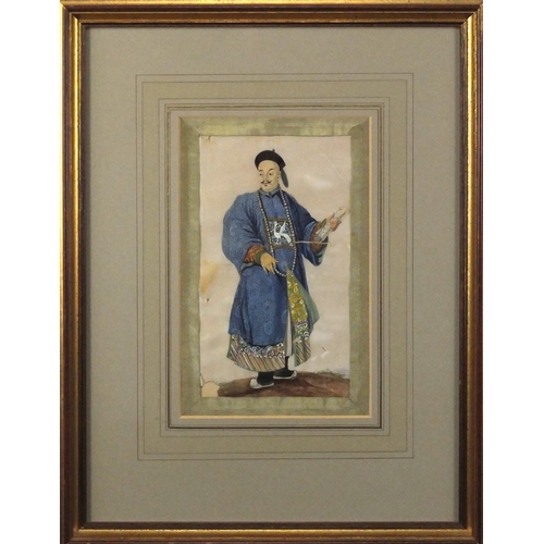 2389 - Chinese rice pith paper painting, depicting an Emperor holding a scroll, mounted and framed, 23cm x ... 