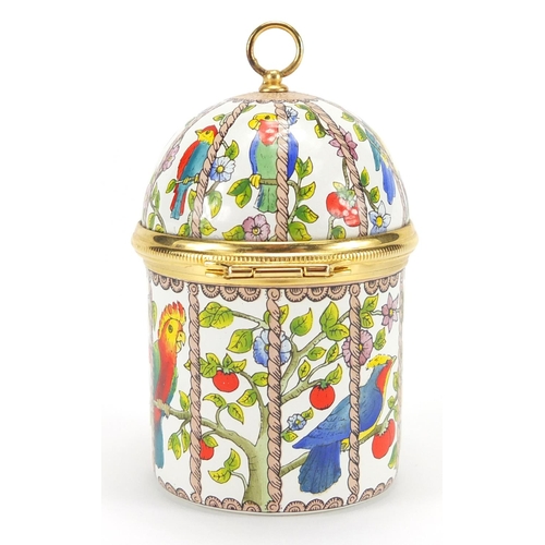 2476 - Halcyon Days enamel bird cage design music box, with box, 7.5cm high