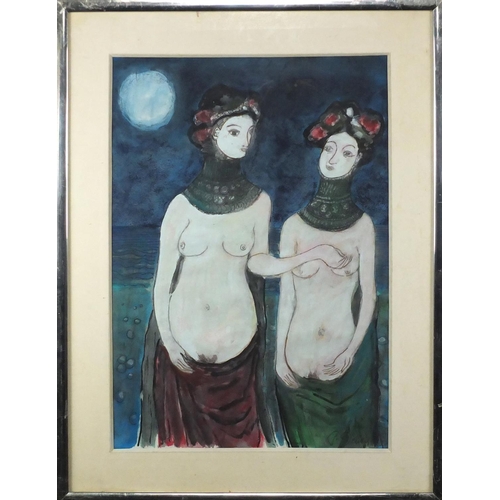 2149 - Two surreal semi nude females, mixed media, bearing a signature possibly P Delux, mounted and framed... 