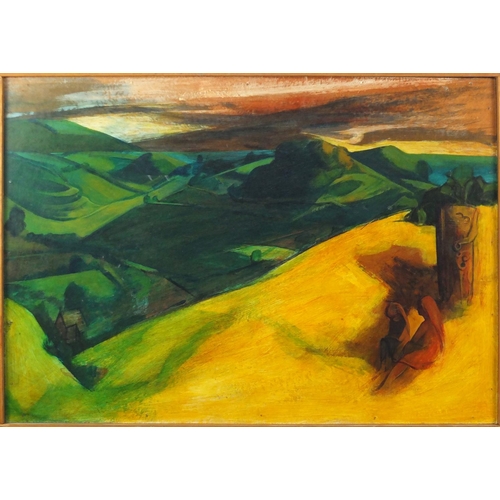 2293 - Stuart Jennings - Abstract composition surreal landscape, oil on board, framed, 68cm x 46cm