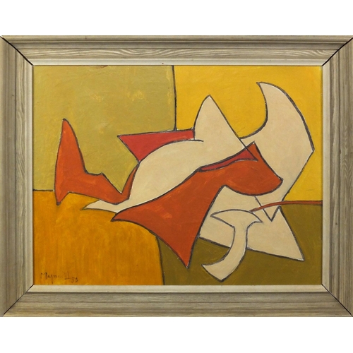 2212 - Abstract composition, oil on canvas, bearing a signature possibly Nogell, mounted and famed, 44.5cm ... 